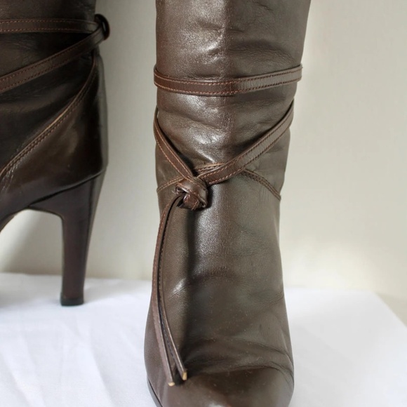 Brown Leather Mid-Calf Boots — Heeled Boots with Tie Detail, Women's Size 6 - Picture 4 of 9